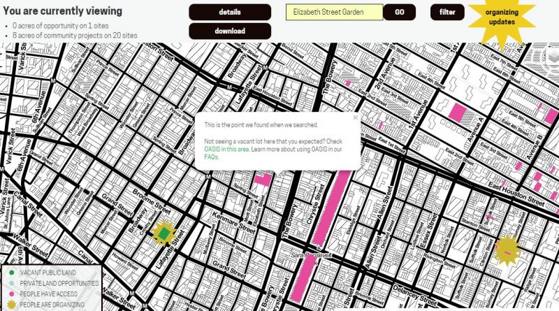 Search in Living Lots, showing location of Elizabeth Street Garden and other nearby properties.